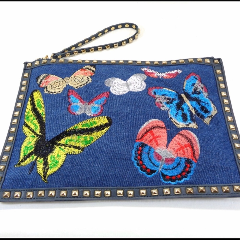 NWT Denim Studded Butterflies Crossbody Clutch